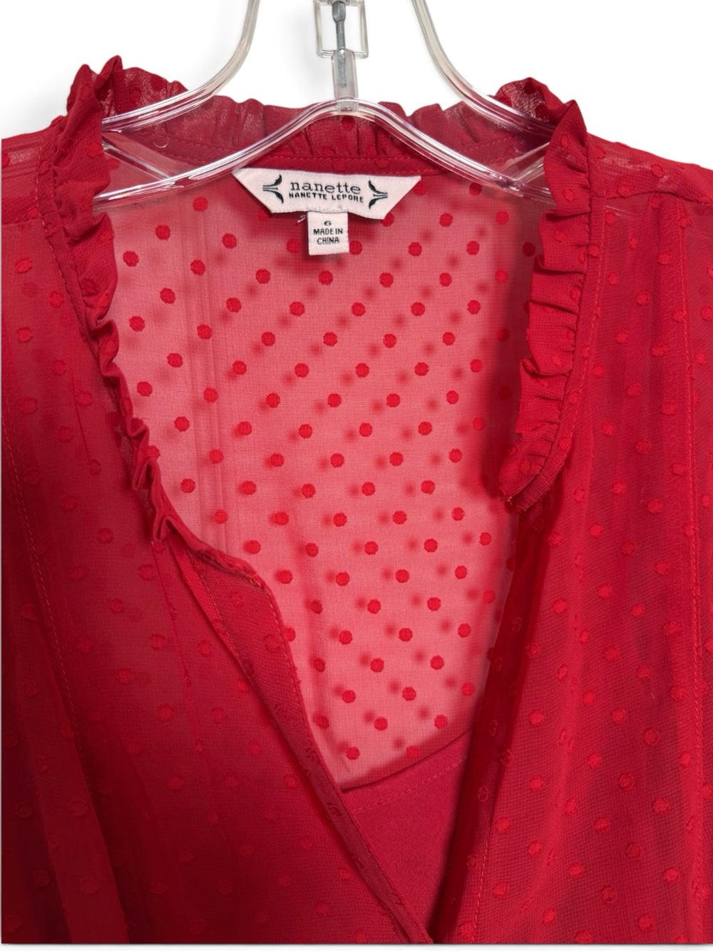 Nanette Lepore Red Swiss Dot Sheer Sleeve Belted Dress Size 6 Romantic Coquette - Picture 4 of 10